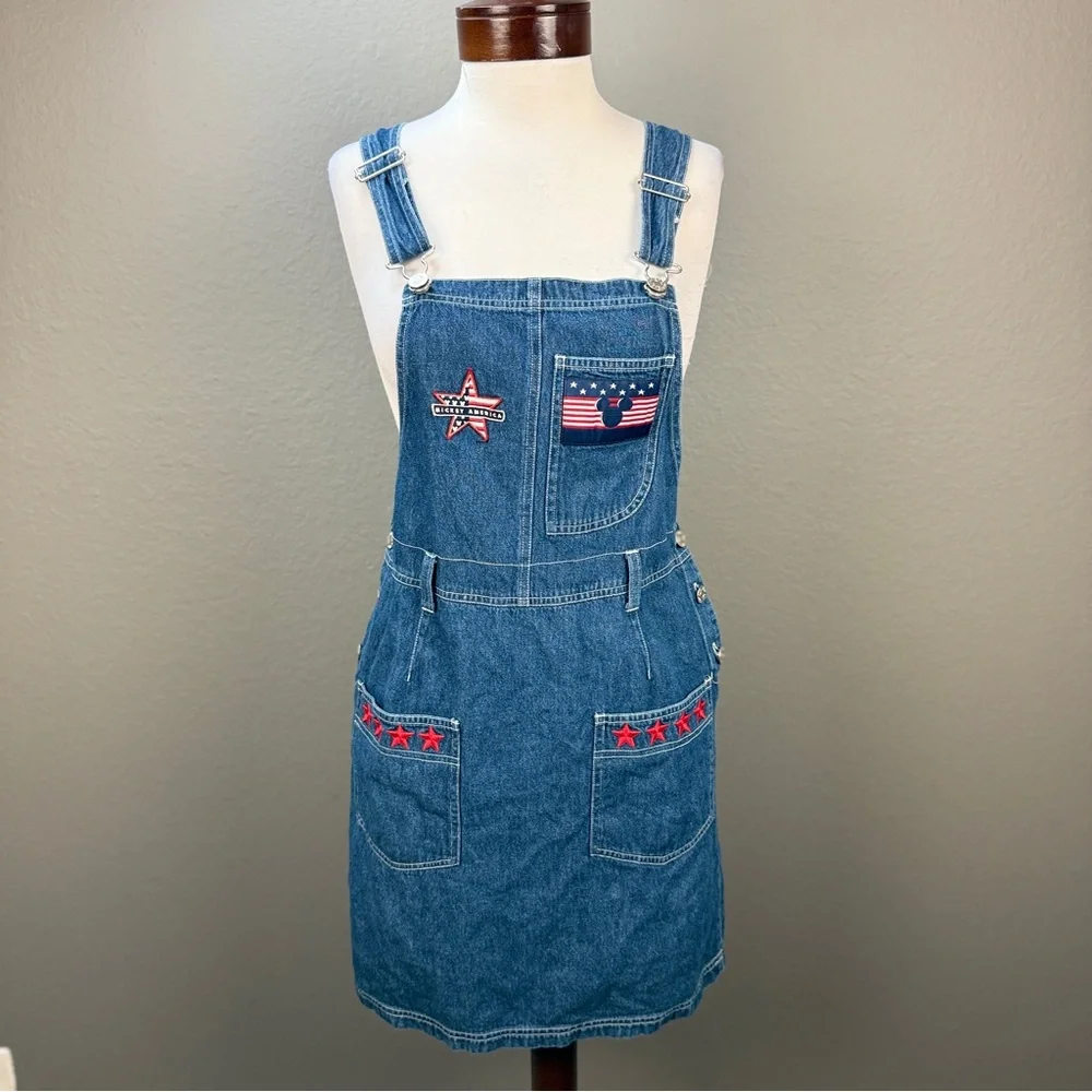 mickey mouse denim overall dress Vintage Disney Catalog Mickey Mouse Denim Overalls Dress Sz Small USA  Patriotic